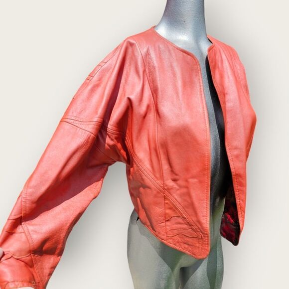Vintage Coco Tomas Burnt Orange Coral Big Shoulder Cropped Leather Jacket - Picture 10 of 15